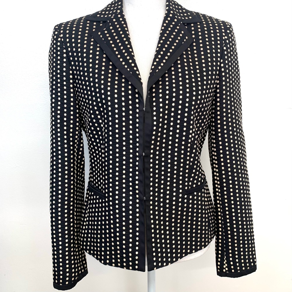Talbots Black Tan Polka Dot Blazer Jacket Size 8 Career Workwear Cotton Stretch